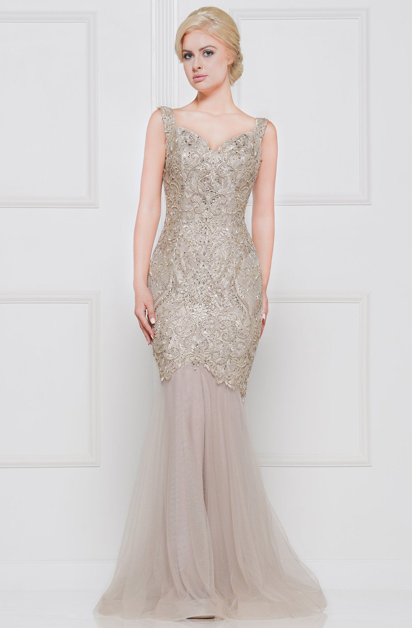 Marsoni By Colors - M262 Bead-Embroidered Trumpet Long Gown In Gray and Neutral