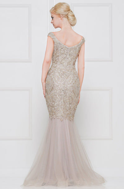 Marsoni By Colors - M262 Bead-Embroidered Trumpet Long Gown In Gray and Neutral