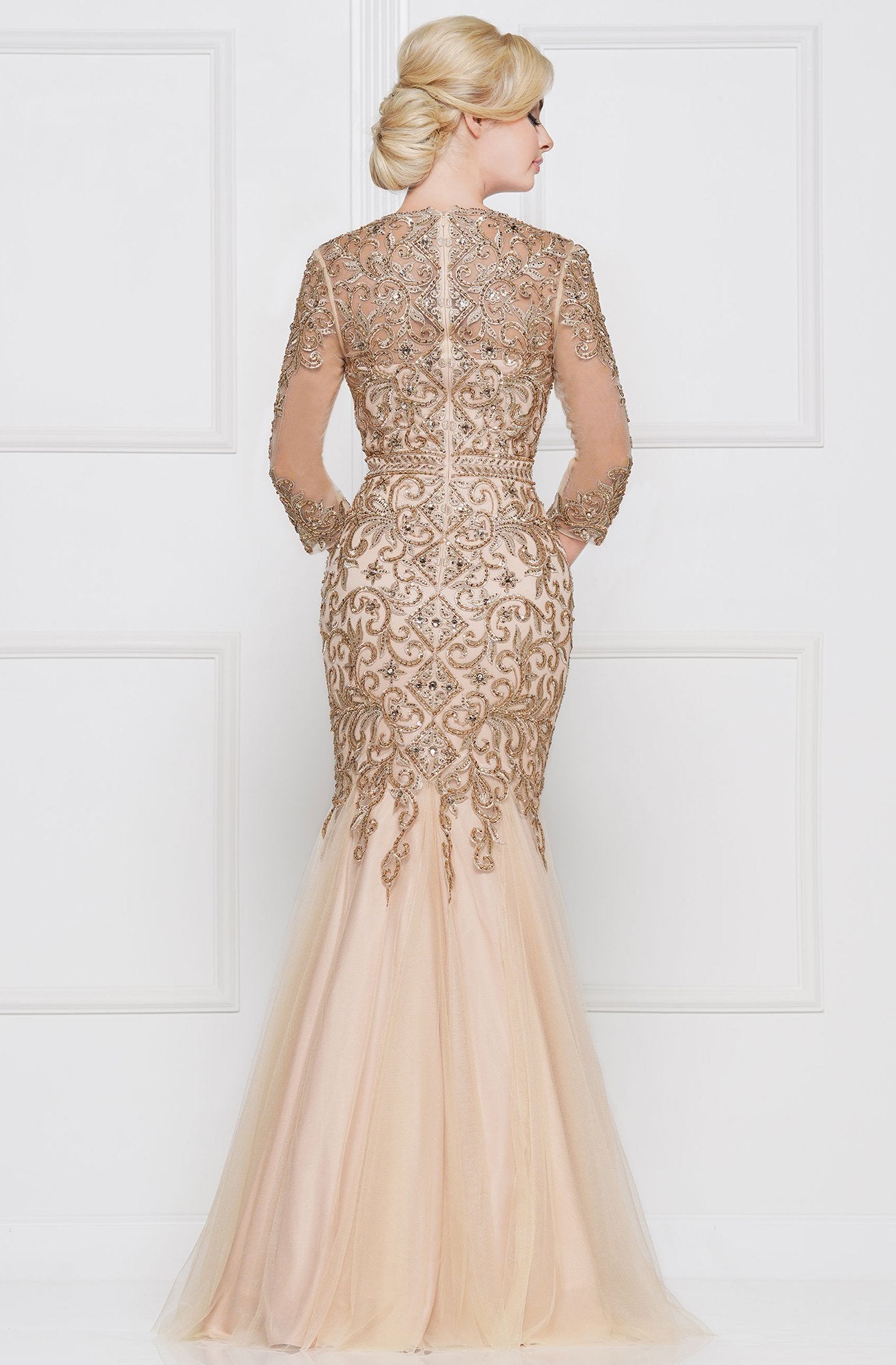 Marsoni By Colors - M263 Quarter Sleeve Bead-Appliqued Trumpet Gown In Neutral