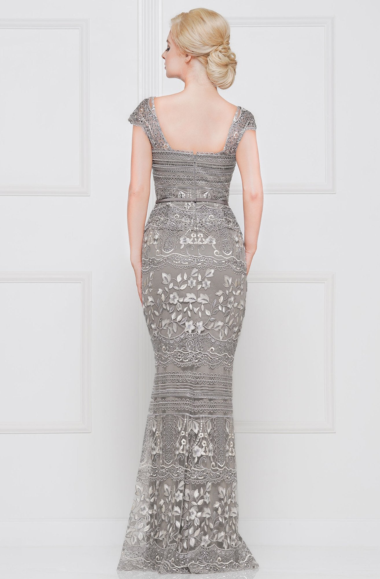 Marsoni By Colors - M264 Lace Square Neck Trumpet Dress In Gray