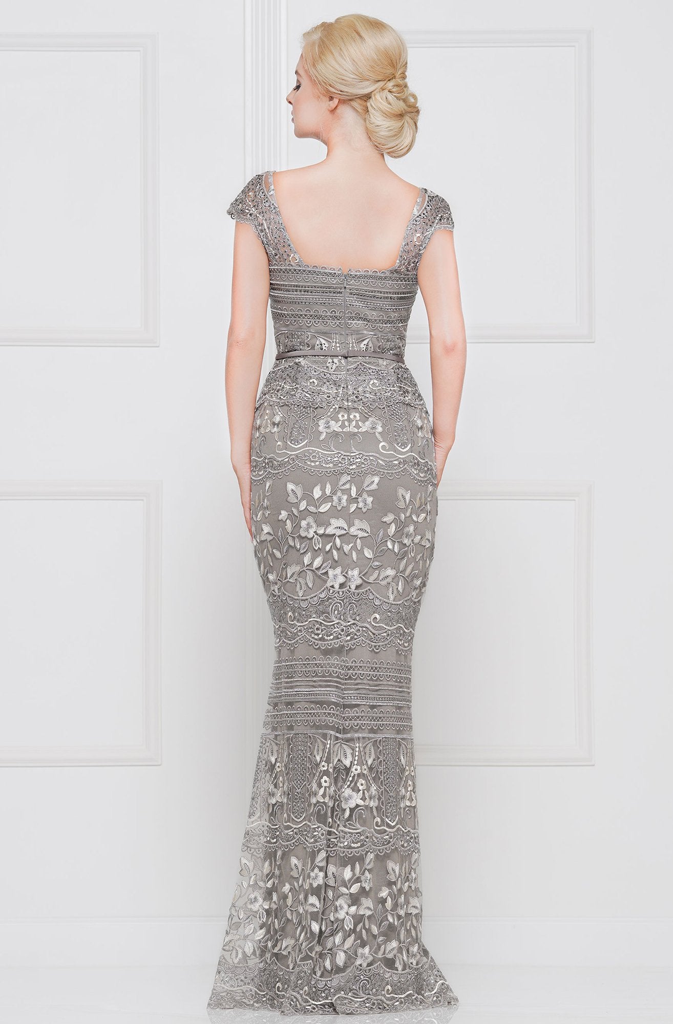 Marsoni By Colors - Lace Square Neck Trumpet Evening Gown M264 In Gray