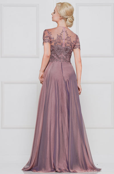 Marsoni By Colors - Embroidered Illusion Short Sleeve A-Line Gown M274 In Pink and Purple