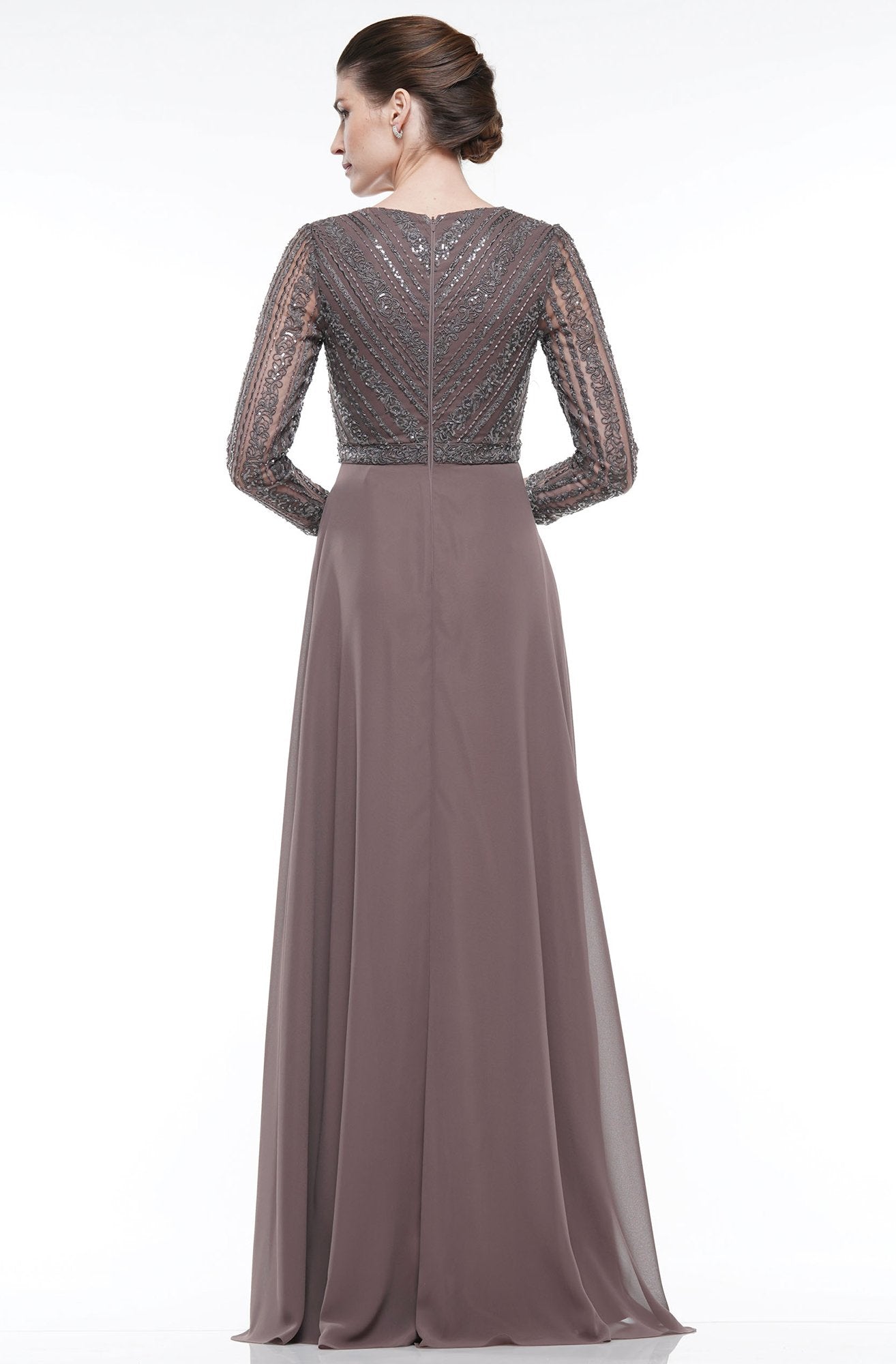 Marsoni By Colors - M277 Lace Embellished Long Sleeve Chiffon Gown In Brown