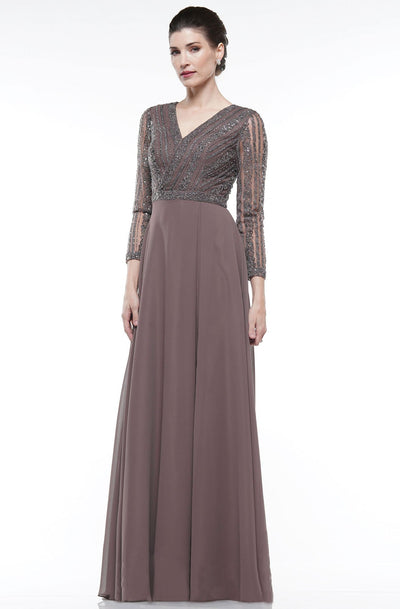 Marsoni By Colors - M277 Lace Embellished Long Sleeve Chiffon Gown In Brown