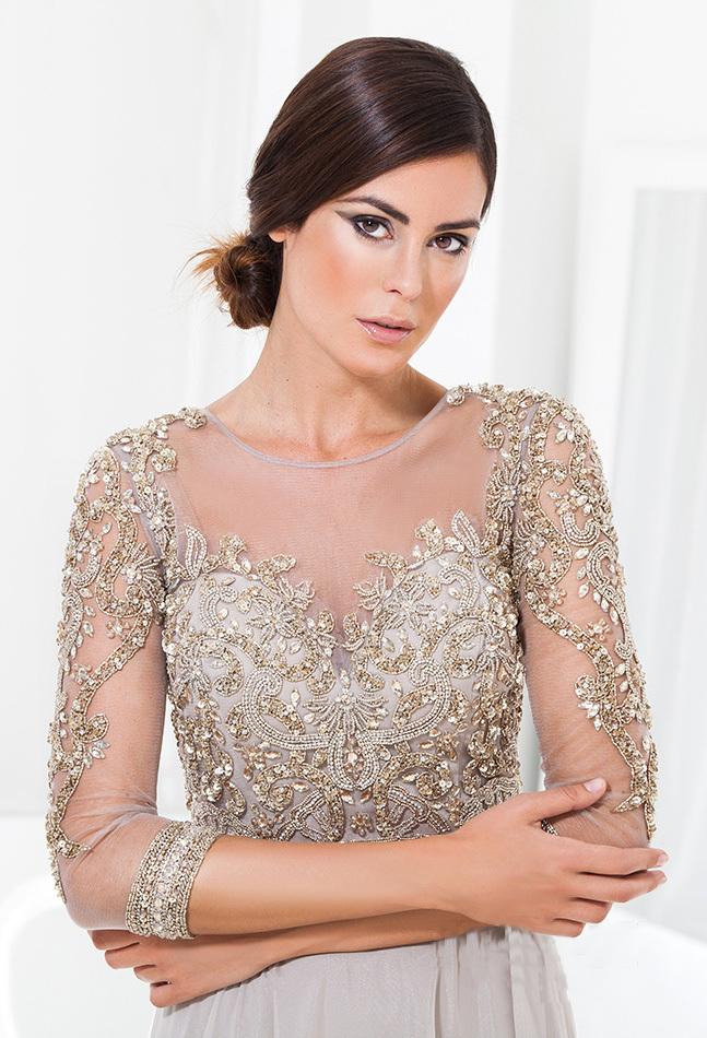 Terani Couture - Elegantly Embellished Three-Quarter Sleeves Evening Gown M3810 In Lt Taupe