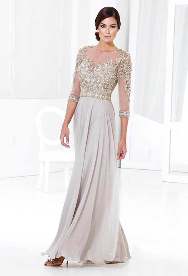 Terani Couture - Elegantly Embellished Three-Quarter Sleeves Evening Gown M3810 In Lt taupe