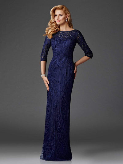 Clarisse - M6424 Quarter Sleeve Soutache Embroidered Evening Gown in Blue