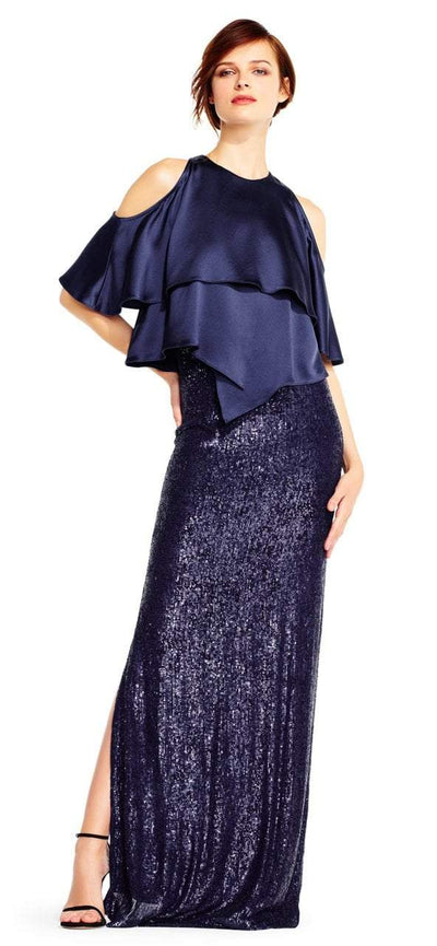 Aidan Mattox MD1E201424 Jewel Neck Popover Sequined Gown in Blue