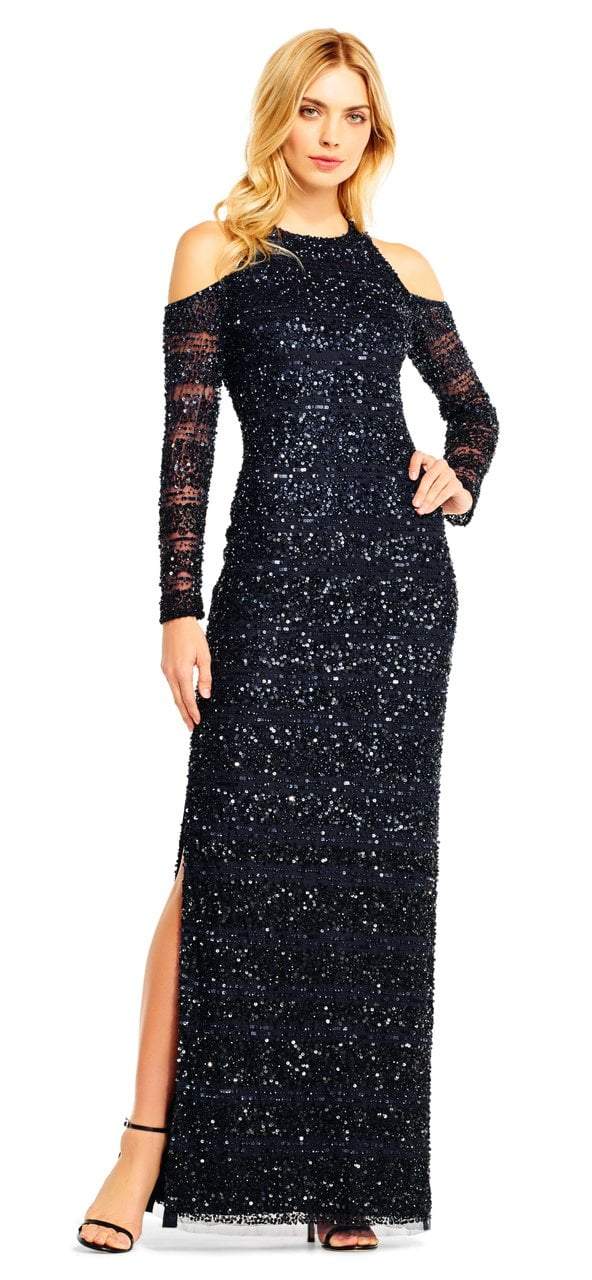 Aidan Mattox - MD1E201685 Cold Shoulder Sleeves Sequined Gown in Blue