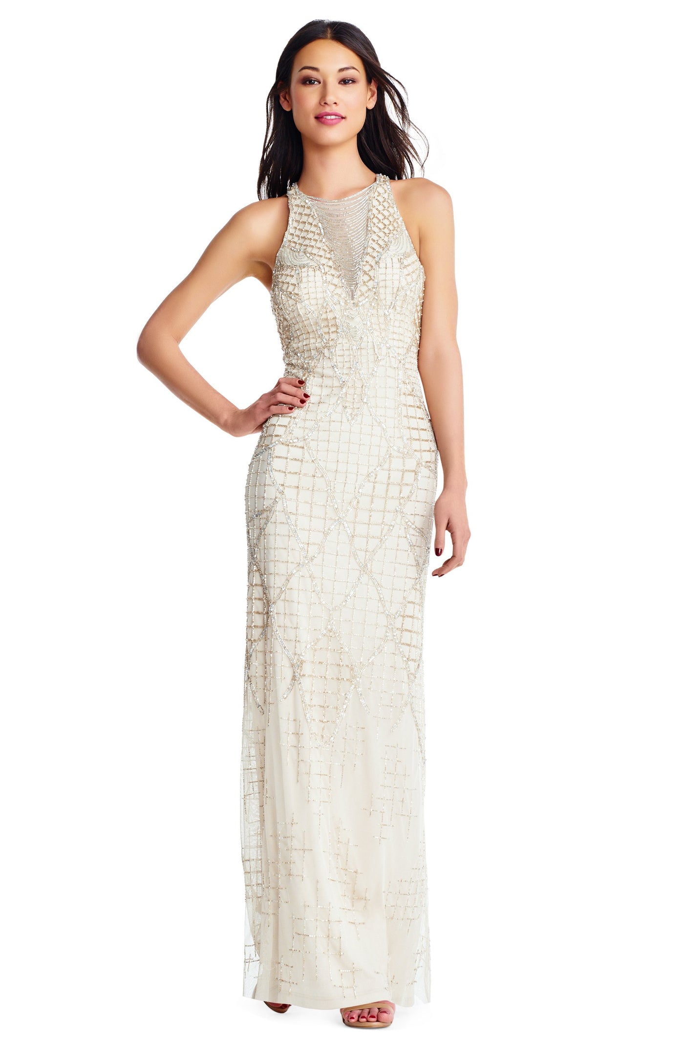 Aidan Mattox - MD1E202819 Lattice Beaded Gown with Criss Cross Back In Neutral