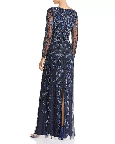 Aidan Mattox - MD1E203314 Embellished Sheer Long Sleeves A-line Dress In Blue and Black