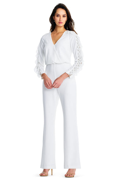 Aidan Mattox - MD1E203473 Long Sleeve V-neck Blouson Jumpsuit In White
