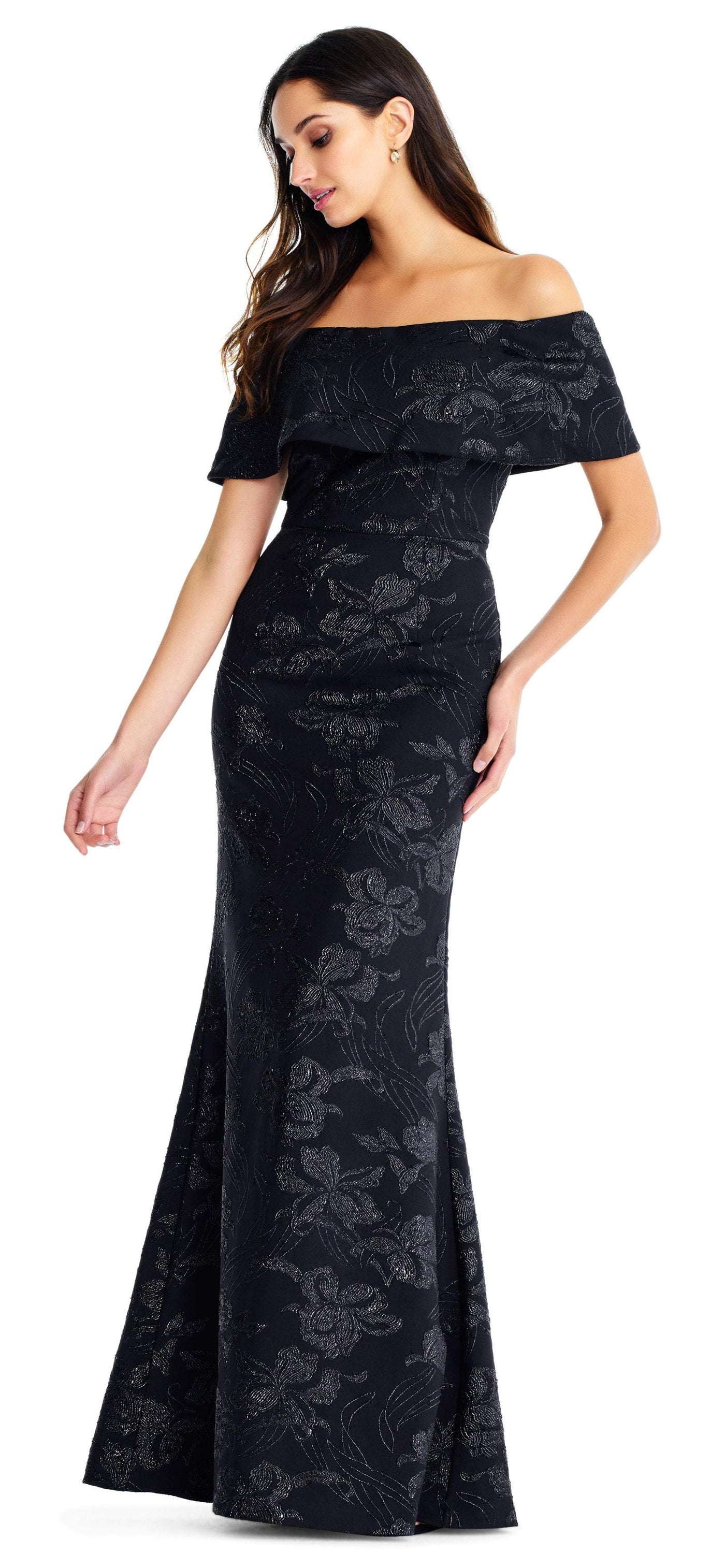 Aidan Mattox - MD1E203576 Off-Shoulder Floral Printed Trumpet Gown In Black