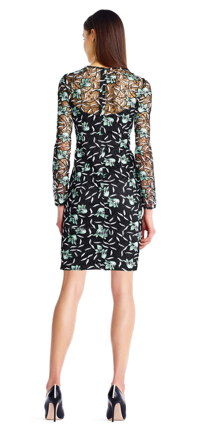 Aidan Mattox - MN1E202901 Embroidered Lace Long Sleeves Sheath Dress In Green and Multi