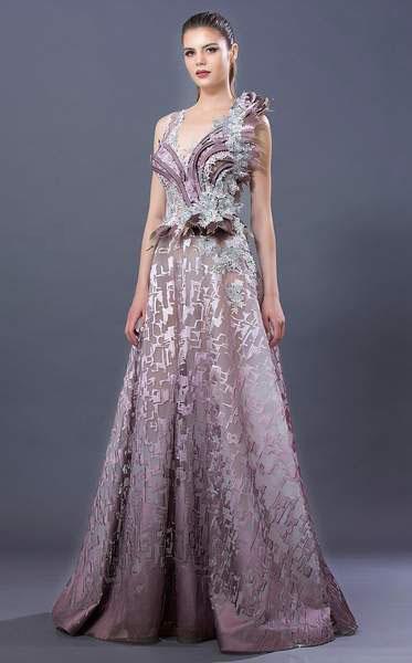 MNM COUTURE - K3649 Embellished V-neck A-line Dress In Green and Purple