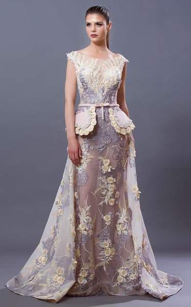 MNM COUTURE - Bateau Floral Embroidered Sheer Long Dress K3650