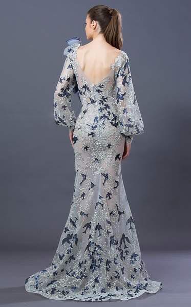MNM COUTURE - K3653 Embroidered Asymmetric Neck Trumpet Dress In Blue