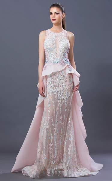 MNM COUTURE - K3658 Embellished Jewel Trumpet Dress With Overskirt In Pink