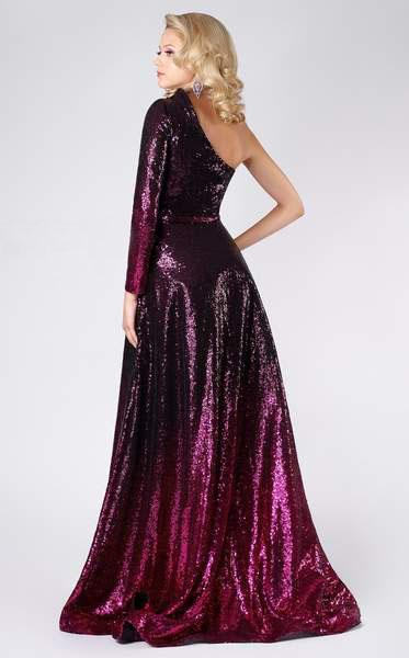 MNM COUTURE - M0039 Sequined Single Sleeve A-line Dress In Red