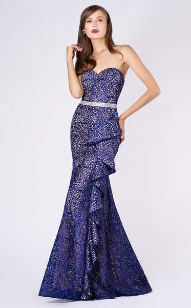 MNM COUTURE - M0054 Cutout Lace Sweetheart Trumpet Dress In Blue