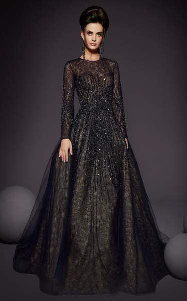 MNM COUTURE - 2449A Sequin Stripe Illusion Long Sleeve A-Line Gown Evening Dresses