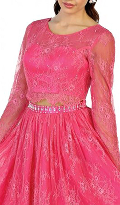 May Queen - MQ1490 Sheer Long Sleeve A-line Cocktail Dress In Pink