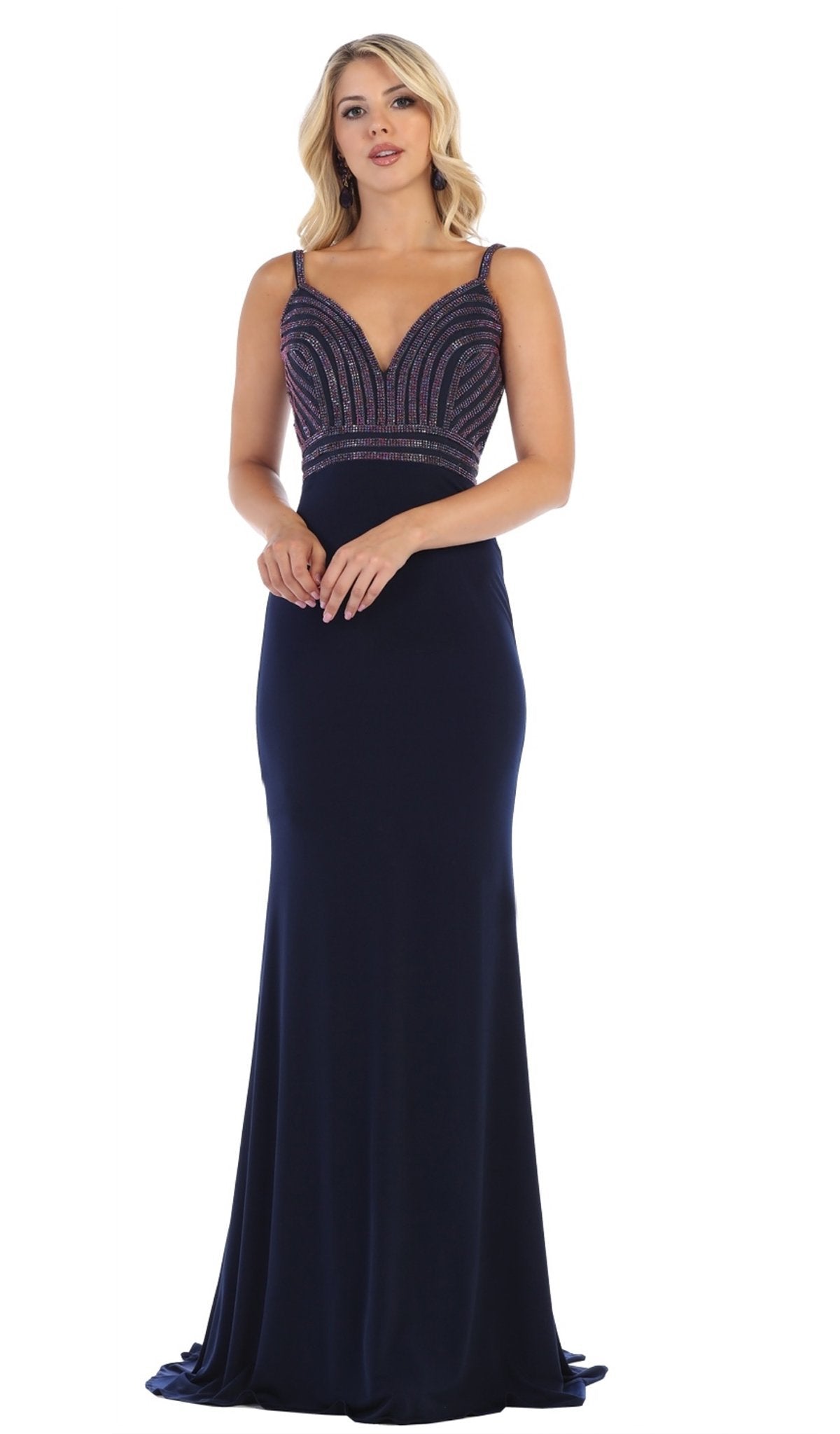 May Queen - MQ1587 Embellished Sweetheart Trumpet Evening Gown In Blue