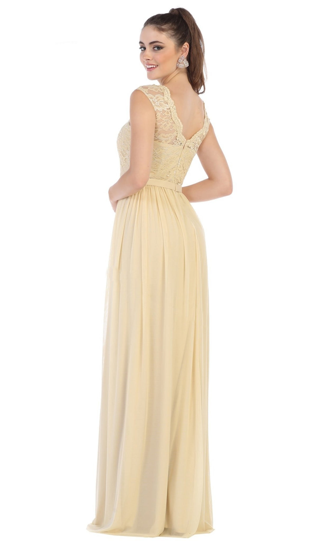 May Queen - Lace Cap Sleeve Bateau A-line Dress MQ1590  In Neutral