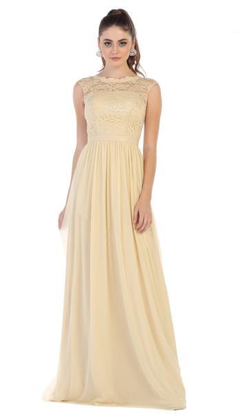 May Queen - Lace Cap Sleeve Bateau A-line Dress MQ1590  In Neutral
