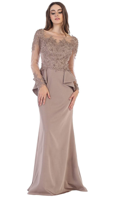 May Queen - MQ1593 Embroidered Illusion Bateau Long Sleeves Dress In Brown