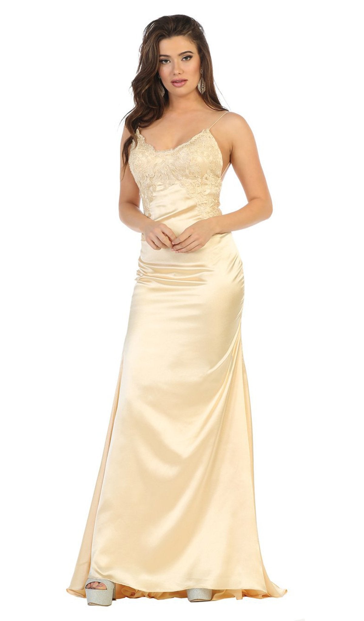 May Queen - MQ1651 Lace Scoop Trumpet Dress With Open Back In Neutral