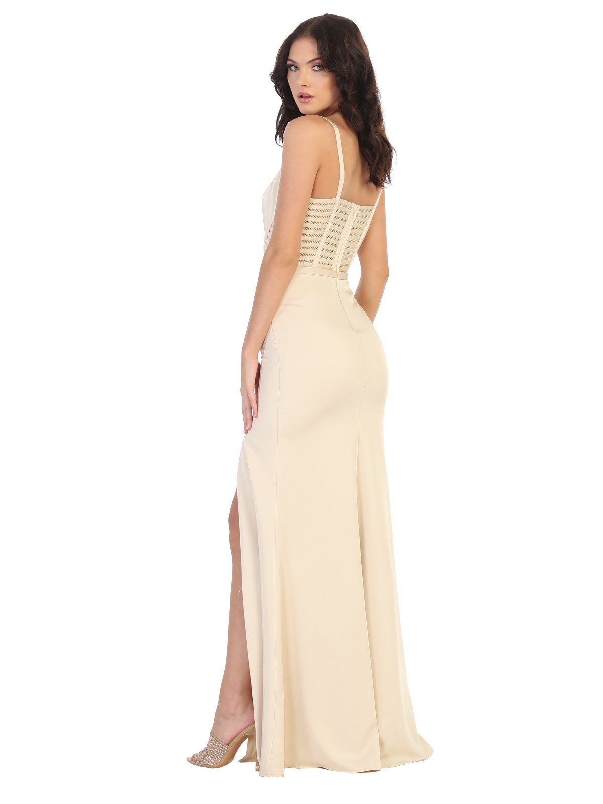 May Queen - MQ1708 Sleeveless Stripe Inset High Slit Dress In Neutral