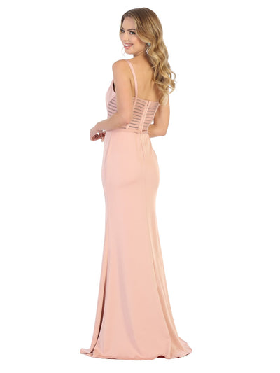 May Queen - MQ1708 Sleeveless Stripe Inset High Slit Dress In Pink