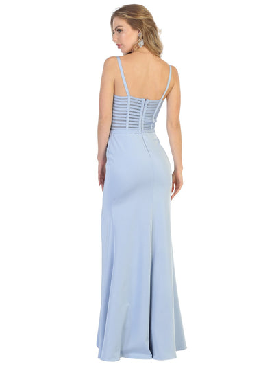 May Queen - MQ1708 Sleeveless Stripe Inset High Slit Dress In Blue