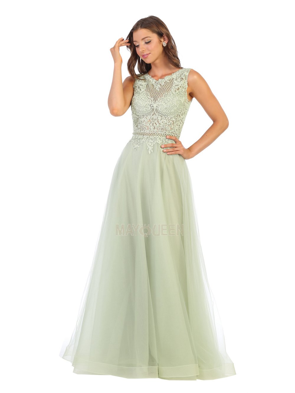 May Queen - MQ1717 Sheer Lattice Rendered Tulle Dress In Green