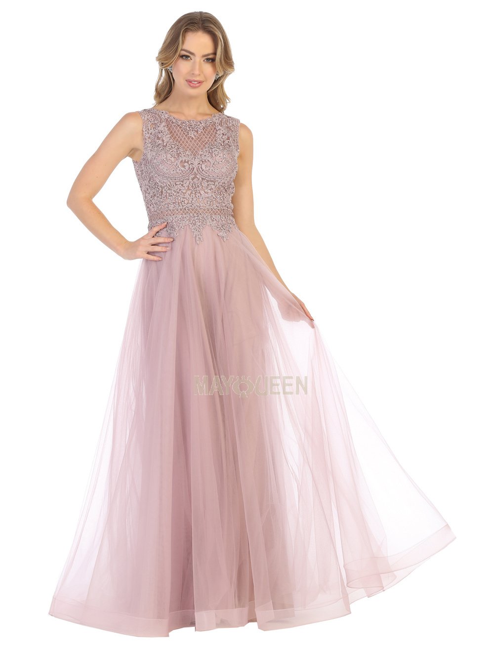 May Queen - MQ1717 Sheer Lattice Rendered Tulle Dress In Pink