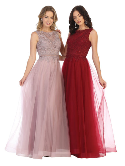 May Queen - MQ1717 Sheer Lattice Rendered Tulle Dress In Pink and Red