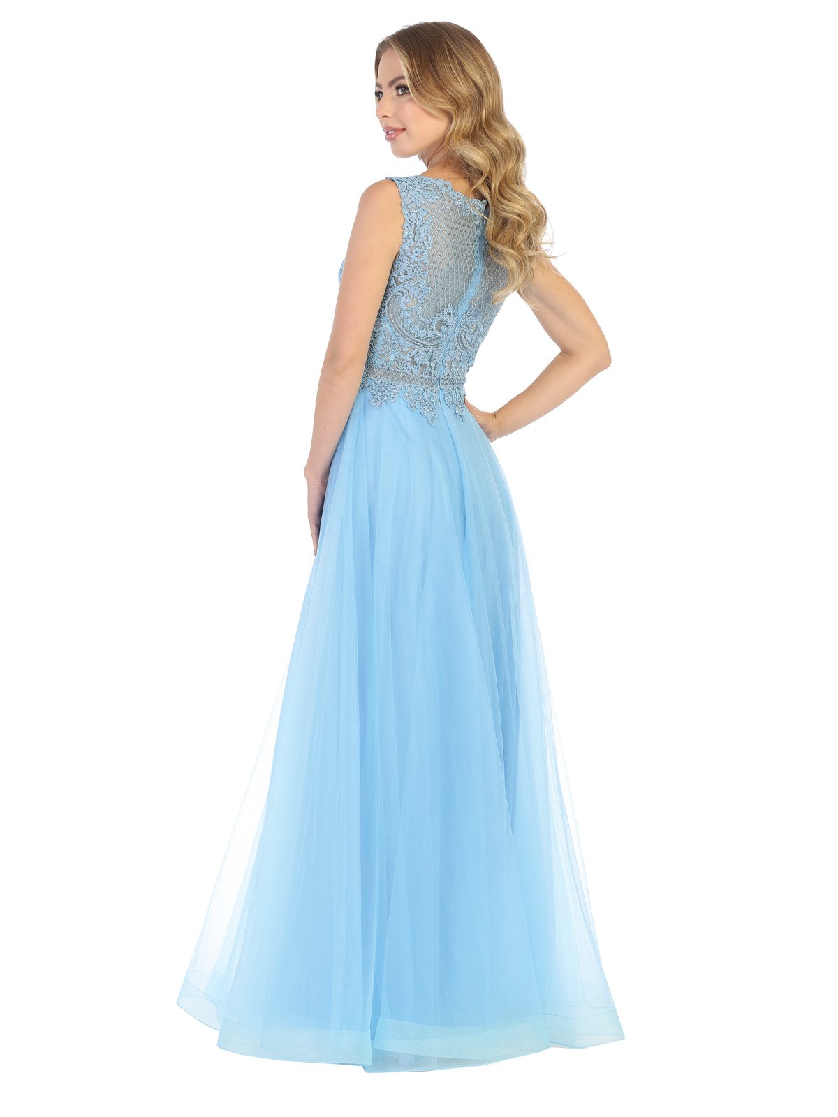 May Queen - MQ1717 Sheer Lattice Rendered Tulle Dress In Blue