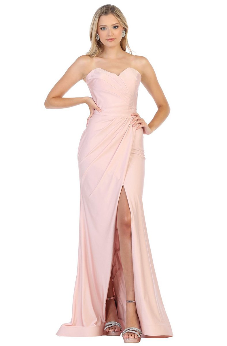 May Queen - Ruched Sweetheart Draping High Slit Dress MQ1718 In Neutral