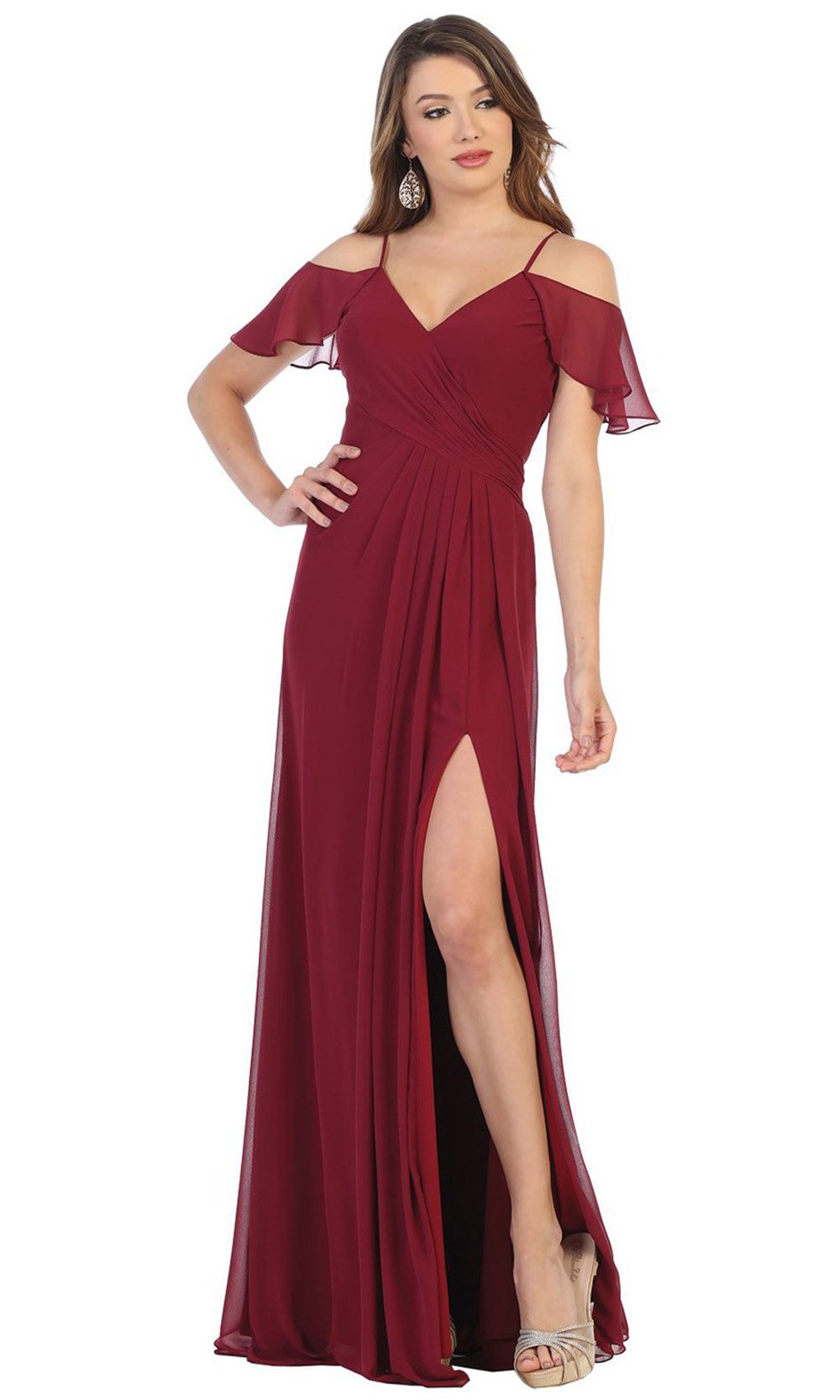May Queen - Draped Cold Shoulder High Slit Dress MQ1732 In Red