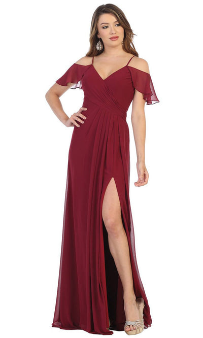 May Queen - Draped Cold Shoulder High Slit Dress MQ1732 In Red