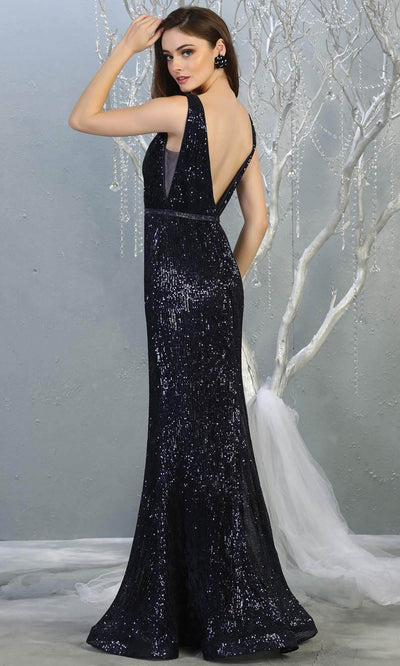 May Queen - Sheer Plunging V-Neck Sheath Evening Dress MQ1745SC In Blue