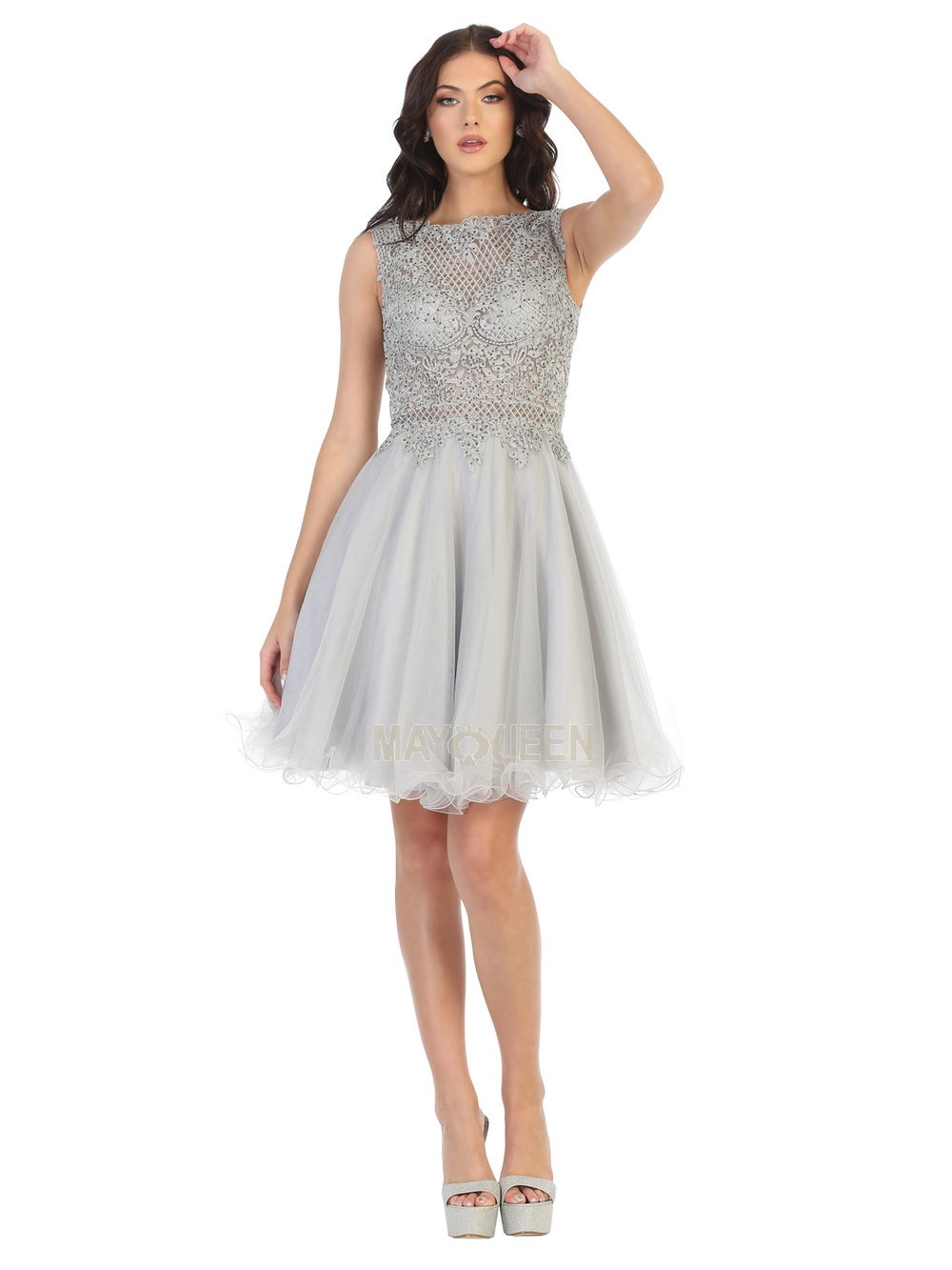 May Queen - MQ1751 Embroidered Bateau A-line Dress In Silver