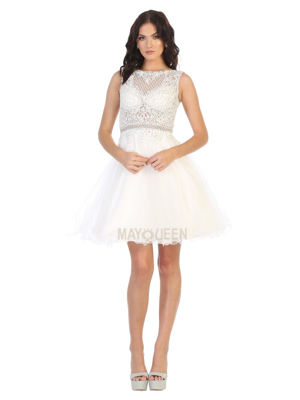 May Queen - MQ1751 Embroidered Bateau A-line Dress In White