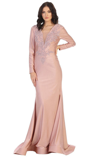 May Queen - Long Sleeve Beaded Applique Trumpet Gown MQ1772 In Pink