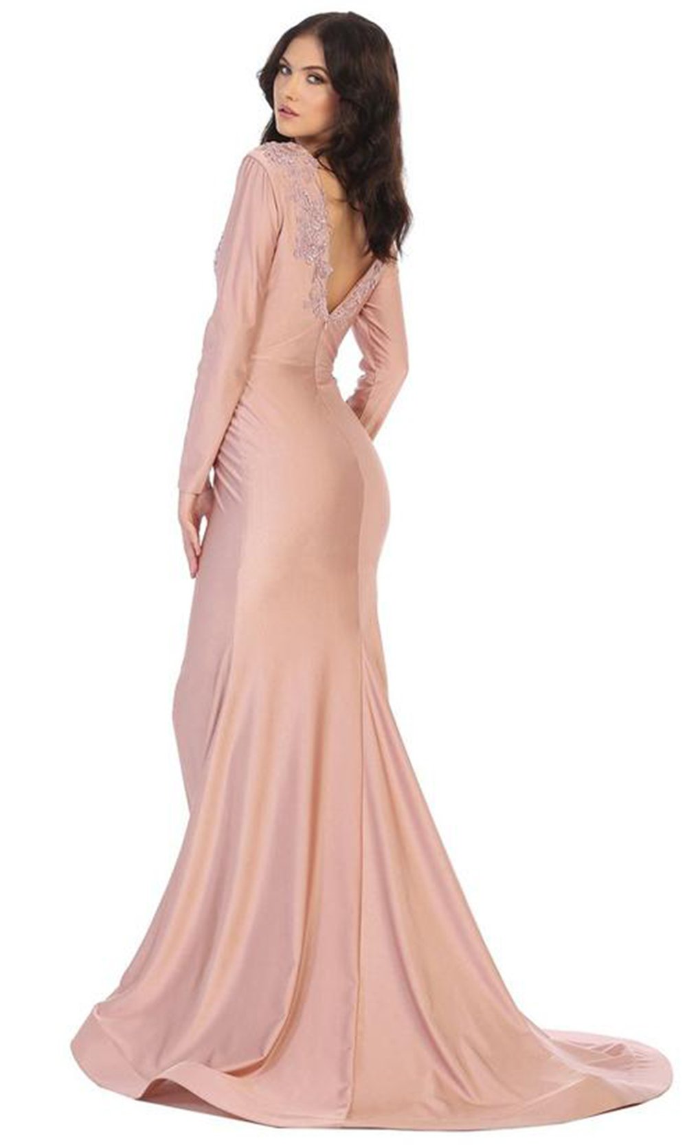 May Queen - Long Sleeve Beaded Applique Trumpet Gown MQ1772 In Pink