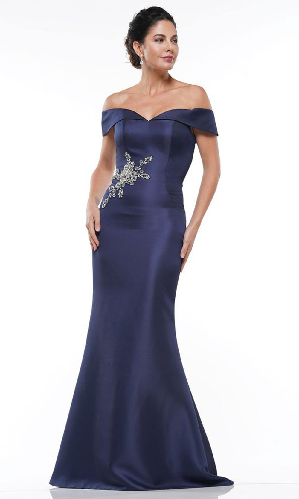 Marsoni by Colors - Jewel Accent Off-Shoulder Mermaid Gown MV1003SC In Blue