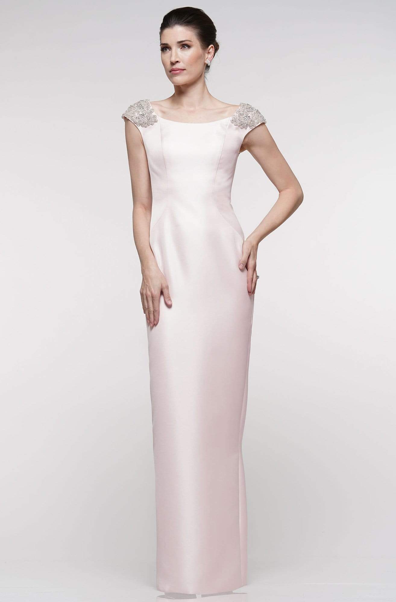 Marsoni By Colors - MV1004 Jewel Beaded Shoulders Satin Column Gown Mother of the Bride Dresses 4 / Blush