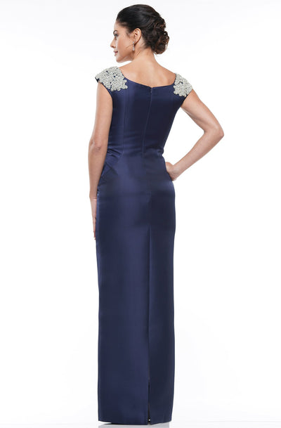 Marsoni By Colors - MV1004 Jewel Embellished Shoulders Satin Column Gown In Blue