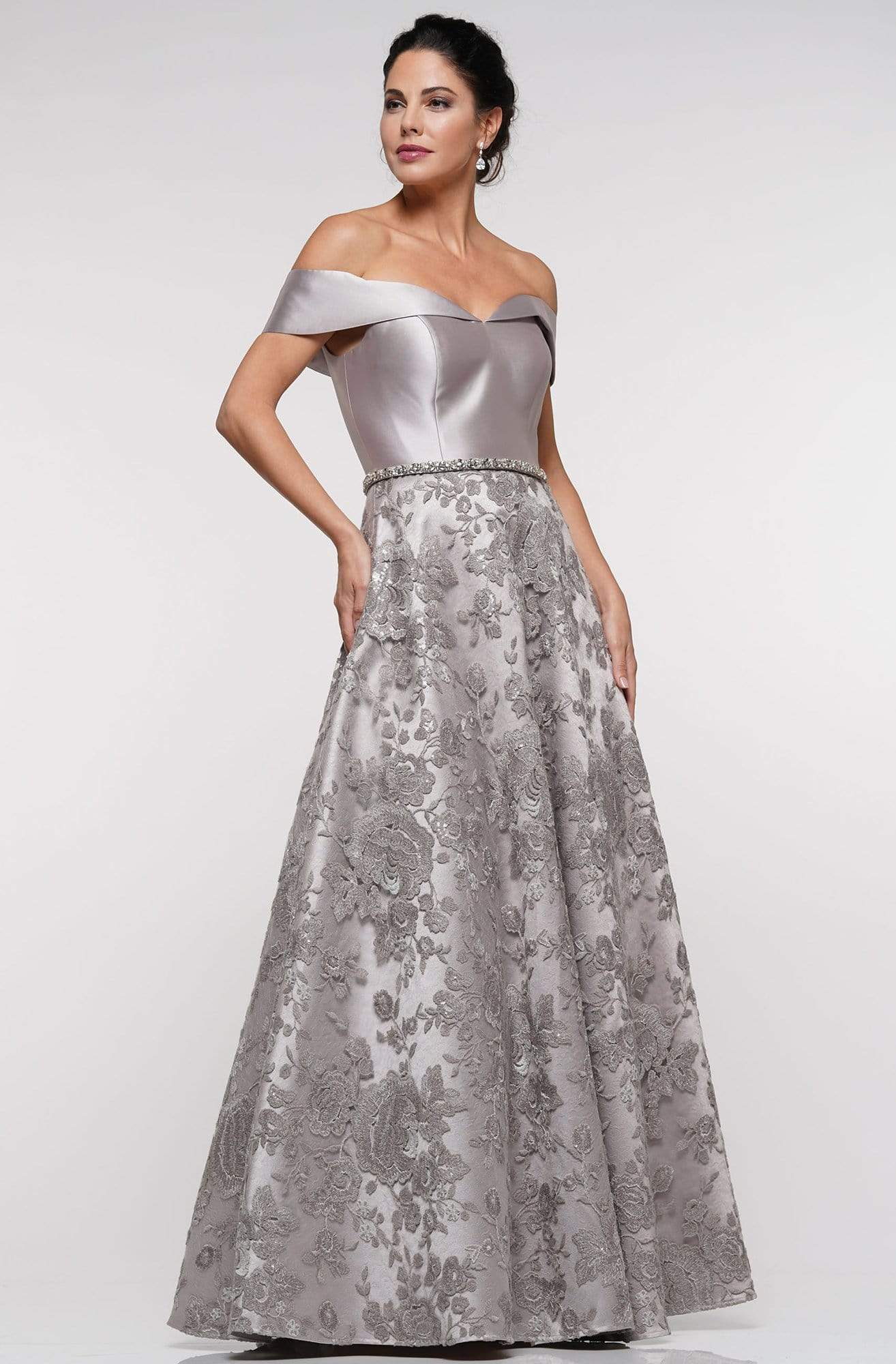Marsoni By Colors - MV1013 Off-Shoulder Mikado Sequin Beaded Lace A-line Gown In Silver and Gray
